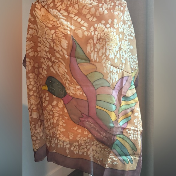 Scarf with Duck perhaps Silkscreen Marked Cis 36” Square Muted Shades of Brown - Picture 4 of 4
